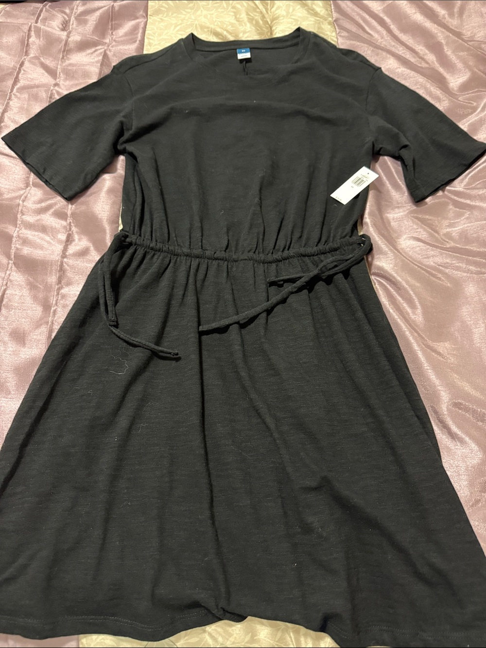 Classic Black Short-Sleeve Drawstring Waist Dress